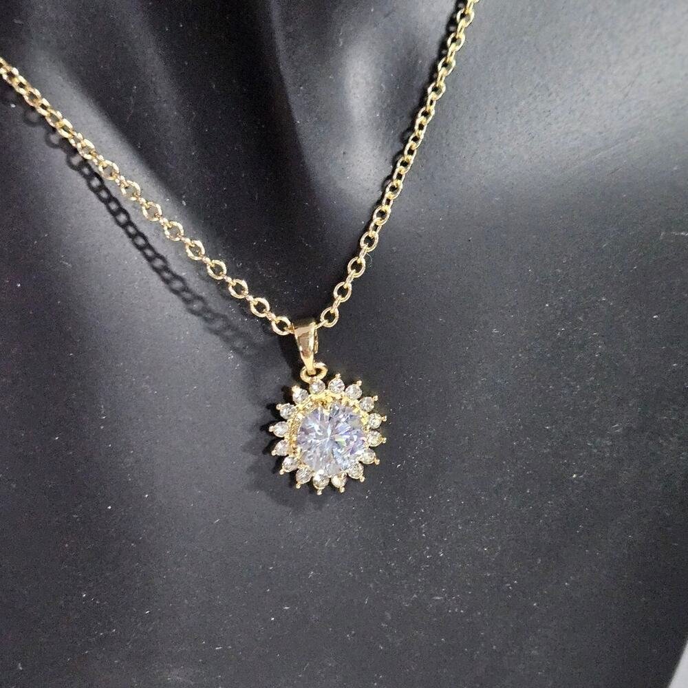 Made with Swarovski Crystal Gold Tone Sunburst Halo Pendant Necklace NEW